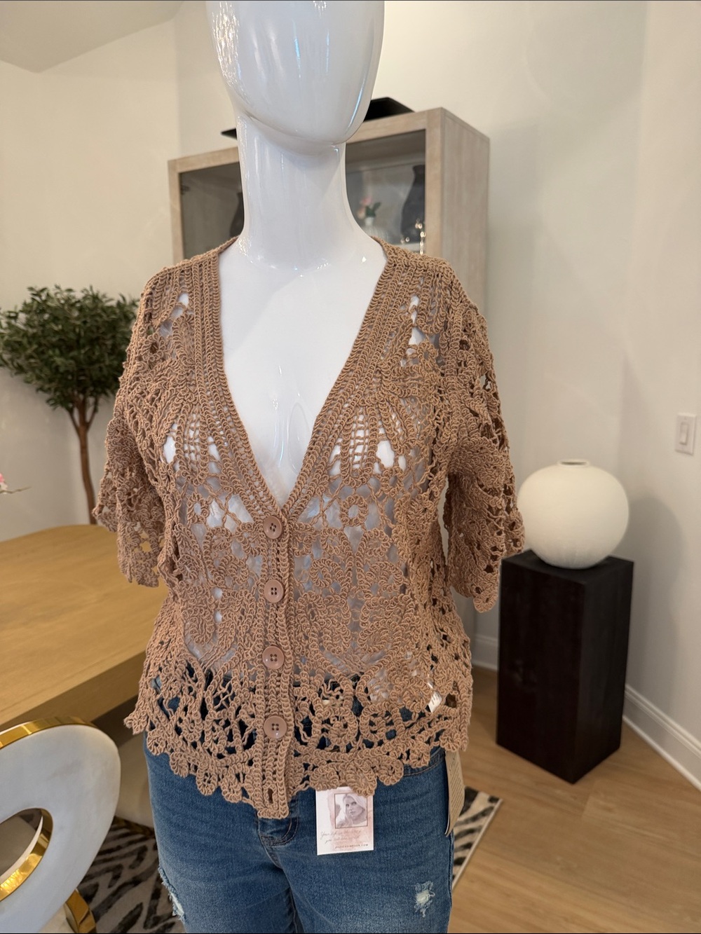 Crochet Button-Front Short-Sleeve Sweater Cardigan - Brown